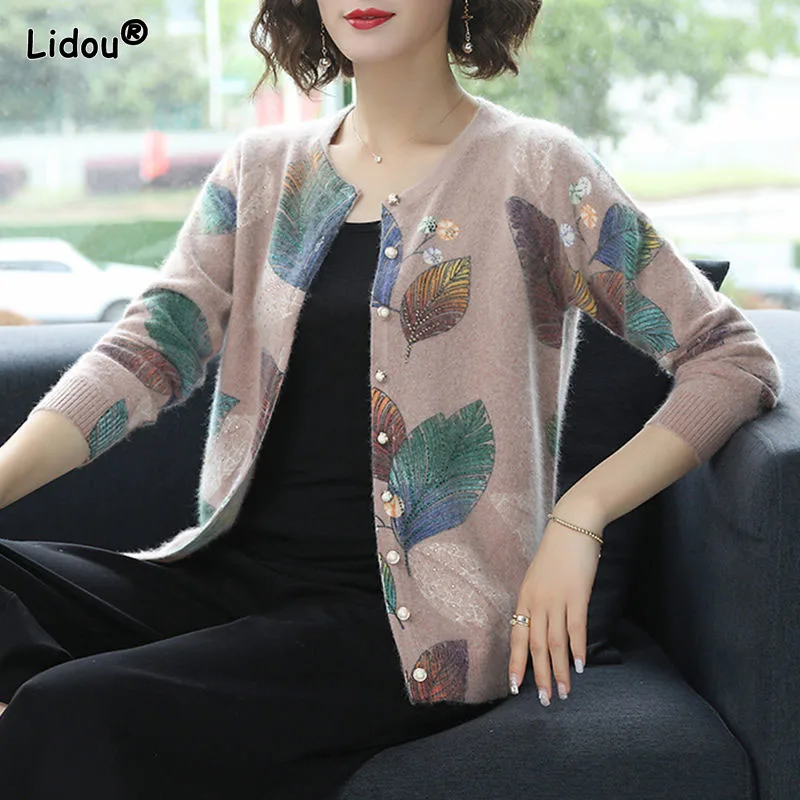 

Thin Knitwear Slim O-Neck Print Open Stitch Pullovers Vintage Button Single Breasted Spring Summer Wool Blended Women's Clothing