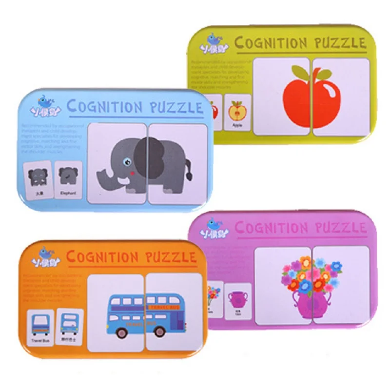 Montessori Puzzle Toy Baby Cognitive Cards Toys Cards Matching Game Kids Car Fruit Animal Life Puzzle Iron Box Learning Toy Gift 6