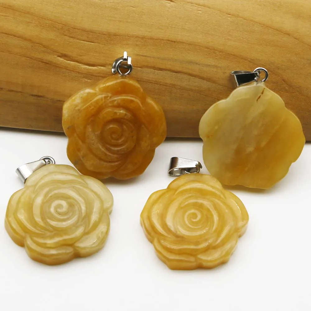 Quality Natural Stone Topaz Hand Carved Rose Necklace Pendant Jewelry Making Reiki Charm Accessories Fashion Valentine Gift 4Pcs