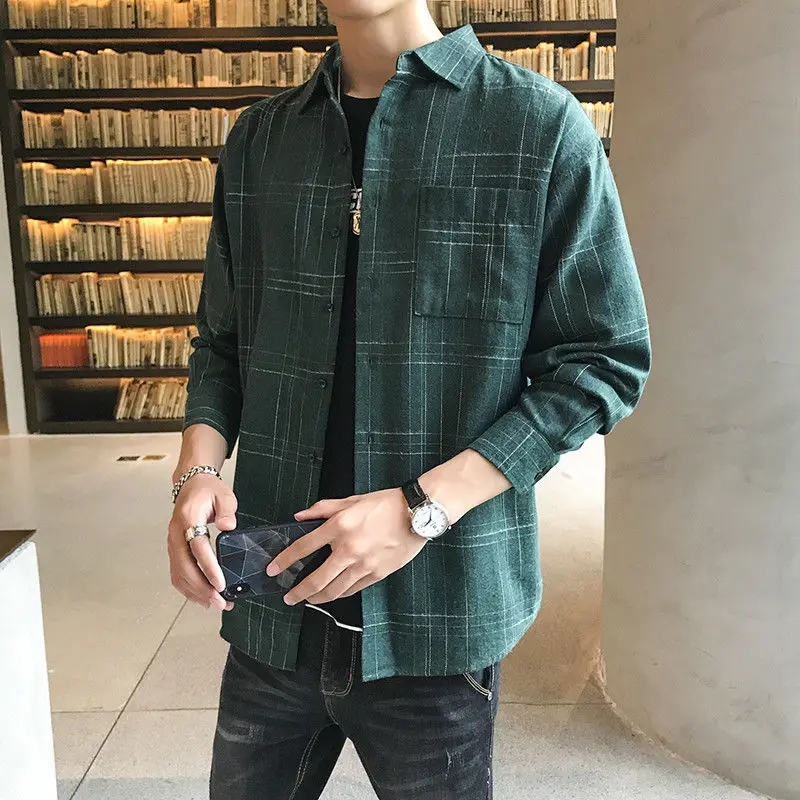 Fashion Lapel Button Spliced Pockets Lattice Shirts Men's Clothing 2022 Autumn New Oversized Casual Tops All-match Korean Shirt