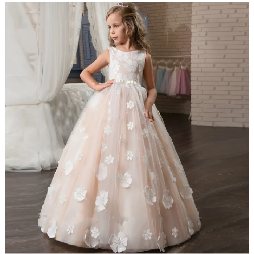 

Lovely Flower Girl Dresses Tulle Ruffled Applique Beaded Girls For Wedding Party First Communion Gowns