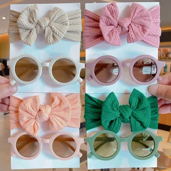 Alternative view of 2 Pcs/Set New Children Solid Color Cotton Bowknot Wide Hairband Round Sunglasses Set Baby Girls Sunglasses Kids Hair Accessories