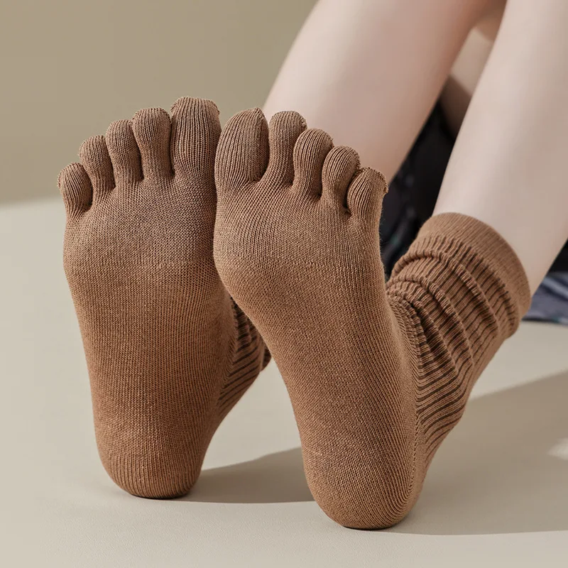 5 Pairs Five Fingers Long Socks for Women Autumn Winter Dark Color Cotton Sock Solid Mid-tube Versatile Casual Socks Harajuku