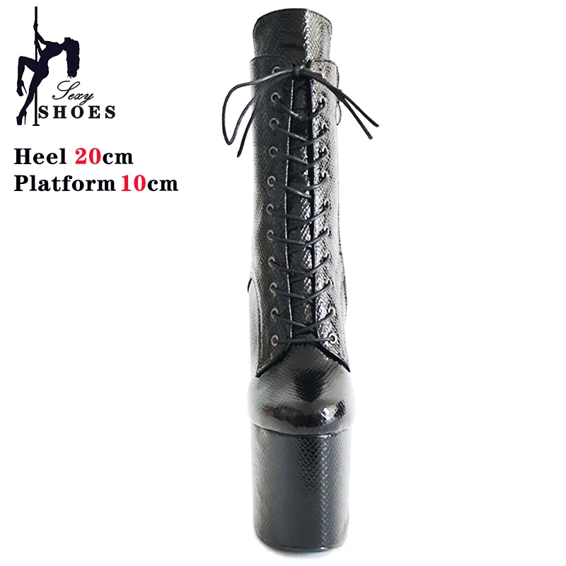 New 20cm/8inchs Popular Sexy Ankle Boots for Women Glossy Snake Print Stiletto Low Boots Super High Heel Fetish Pole Dance Shoes