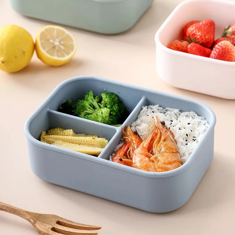 Food Grade Silicone 3-Grid Square Meal Box Convenient Fruit Snack carry High-Temperature Resistant Sealed Bento With cover