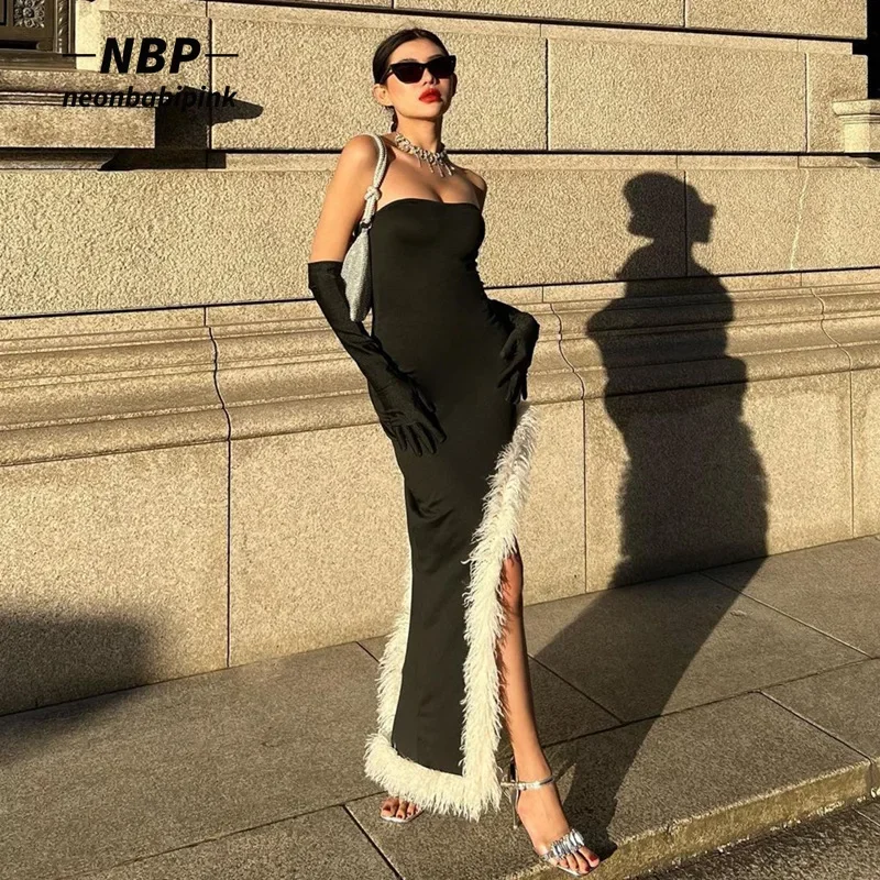 

NEONBABIPINK пушистые без бретелек раздельные Длинные платья для женщин Черное женское платье с перчатками Сексуальная женская зимняя одежда