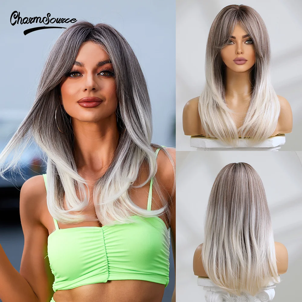 

CharmSource Synthetic Wigs Long Straight Gray Ombre White Hair Wig for Women Daily Party High Density