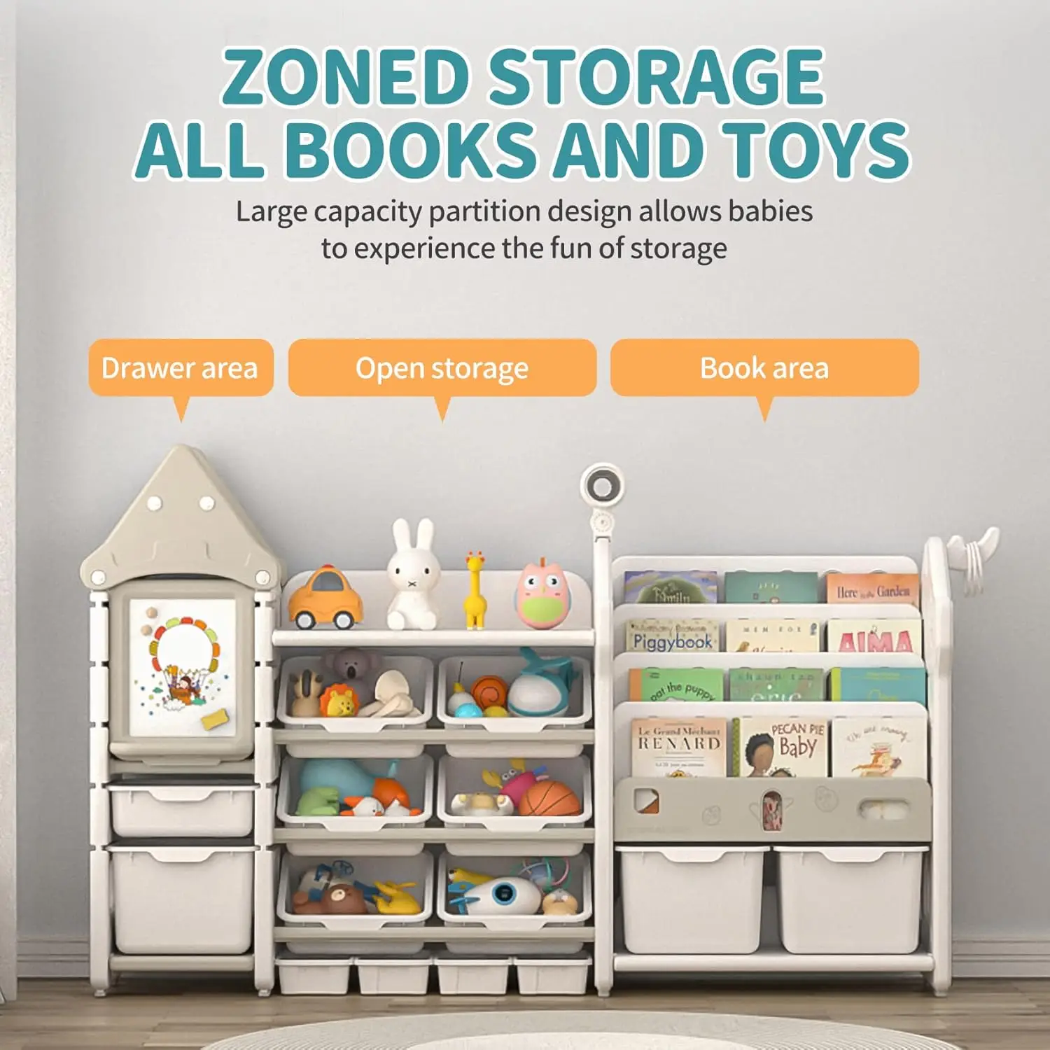 Kids Storage Organizer and Children Bookshelf-Organizer with Bookshelf, Shelf with Bins, Book