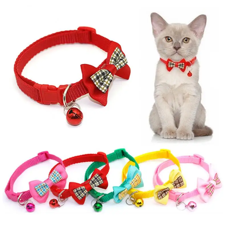 

Plaid Print Puppy Dogs Adjustable Bow Tie Nylon Collar Pet Supplies Ornament Cat Kitten Decoration Accessories With Bell