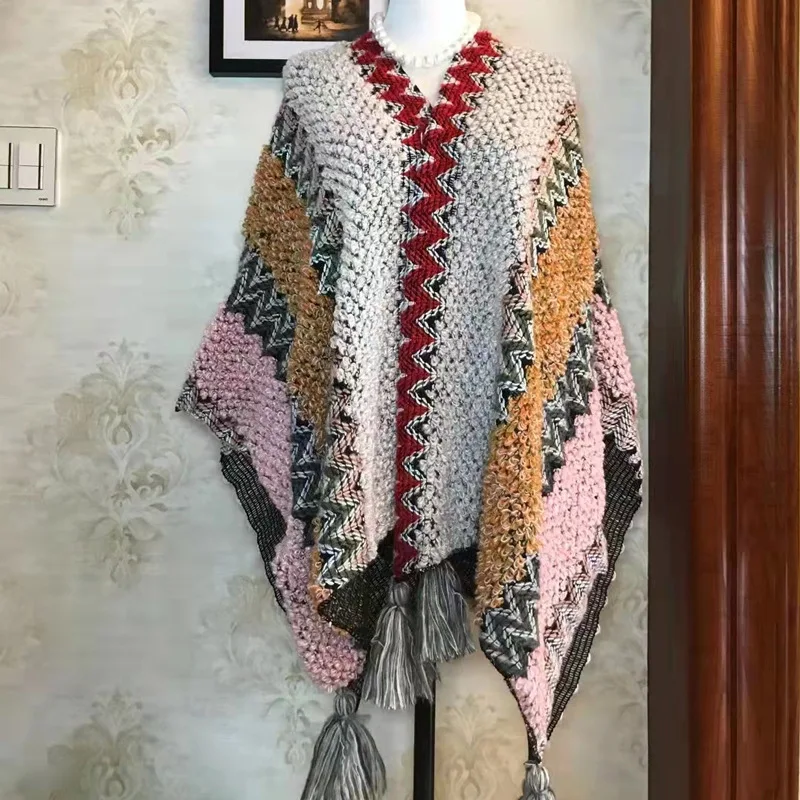 Women's Bohemian Tassel Knit Poncho - Reversible Long Pashmina Cape Shawl For Winter & Fall - View #6
