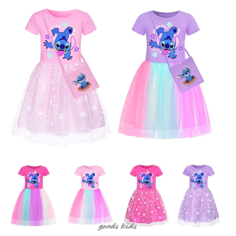 Vestido de malha arco-íris Lilo e Stitch para bebês, roupas infantis de manga curta, fantasia de princesa, vestido de verão fofo infantil