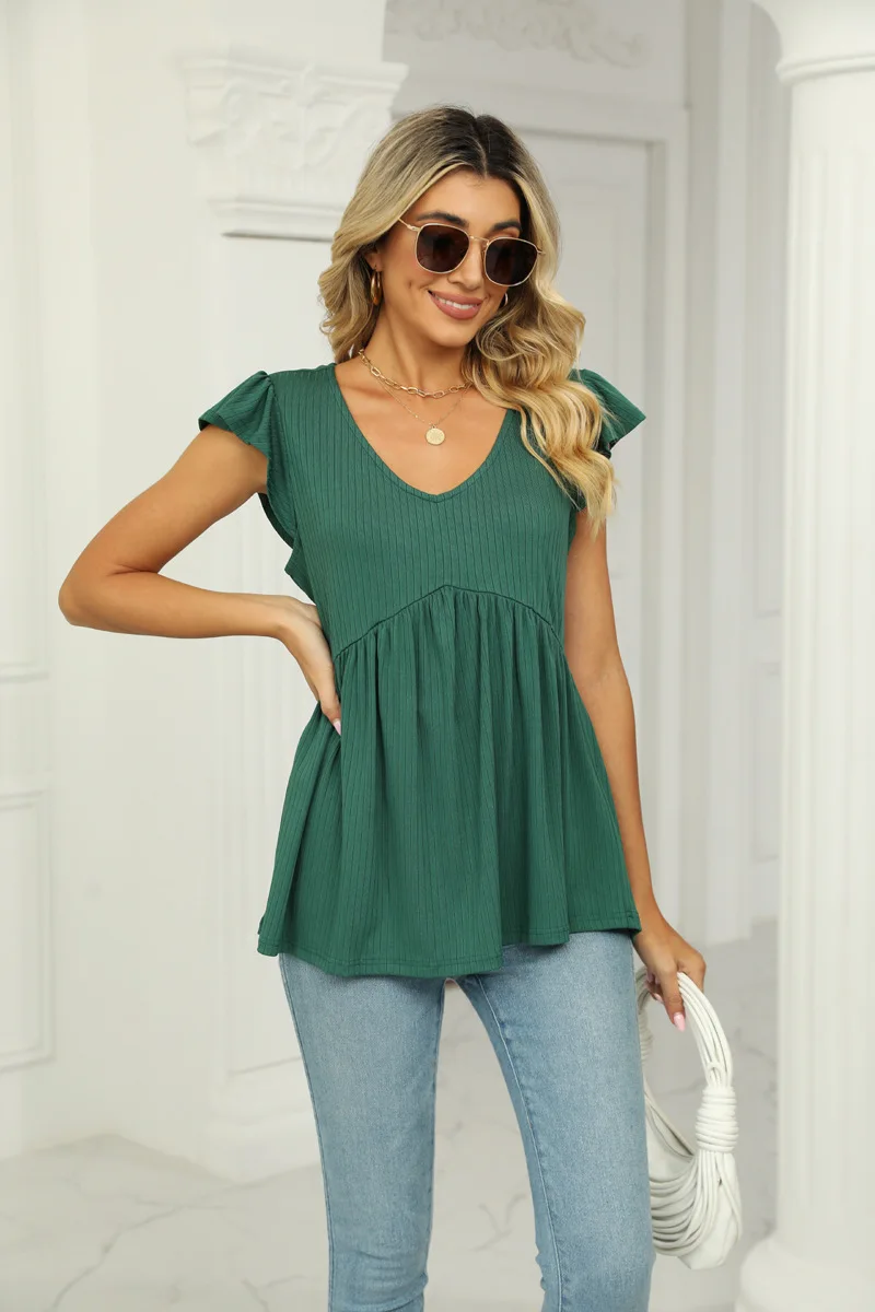 Summer Cute Babydoll Bloues Flare Tunic Loose Peplum Pleated V Neck Short Sleeve Plain Woman Tshirts Knit Rib T Shirt Tees Top