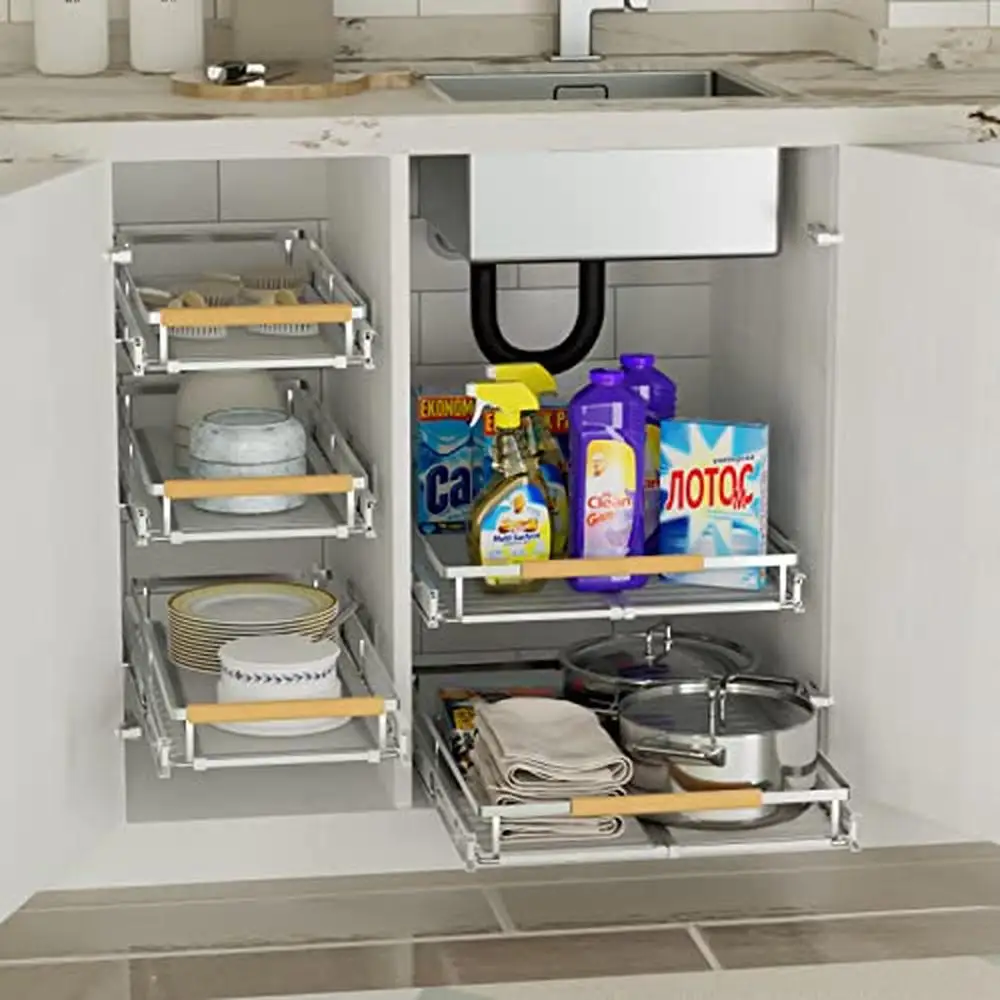 Expandable Stainless Steel Pull Out Drawer Organizer 2 Pack Sliding Shelf Kitchen Bathroom Office Durable Easy-to-Clean Storage