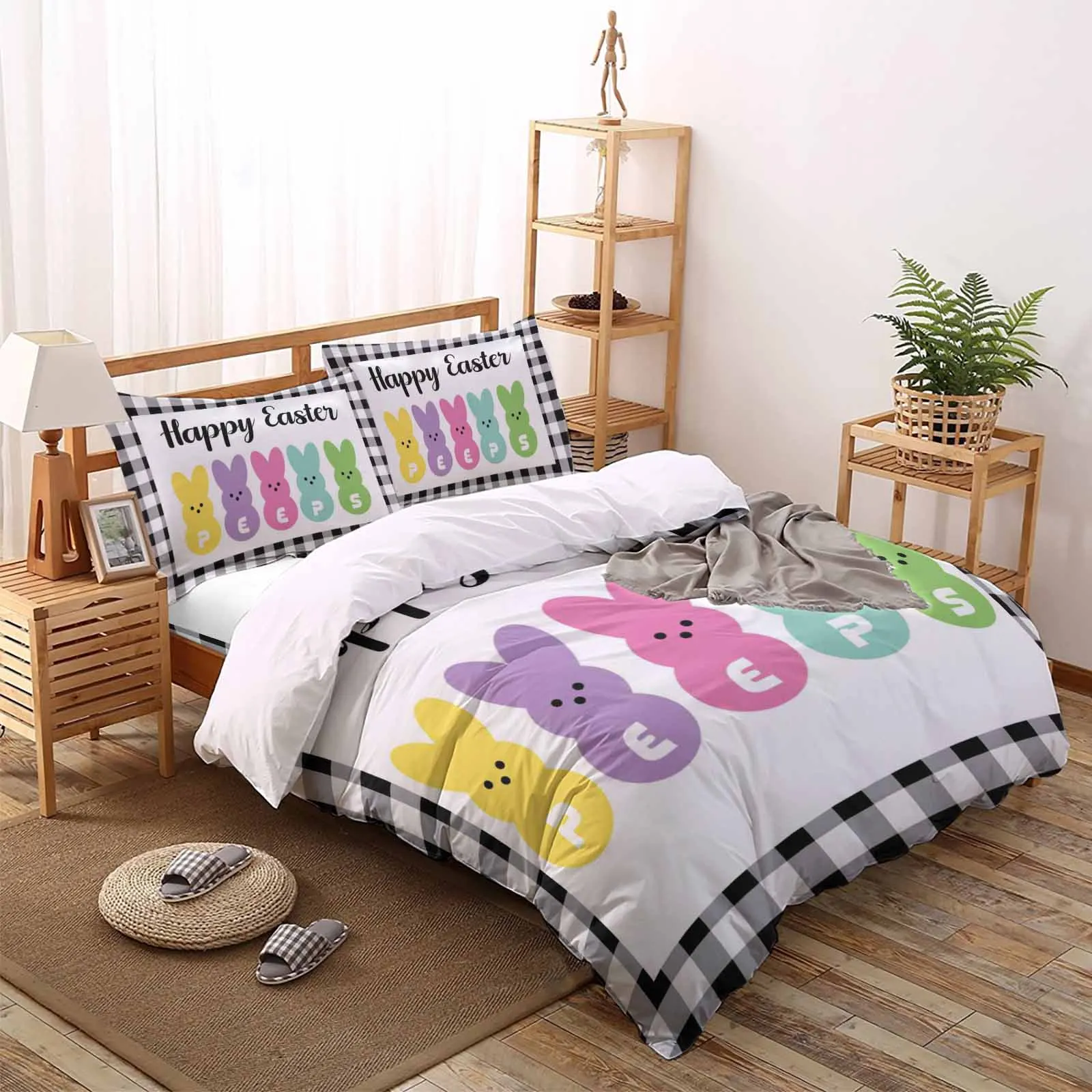 Rabbit Black And White Plaid Easter Duvet Cover Set Bedclothes Home Bed Linen Sheet King Size