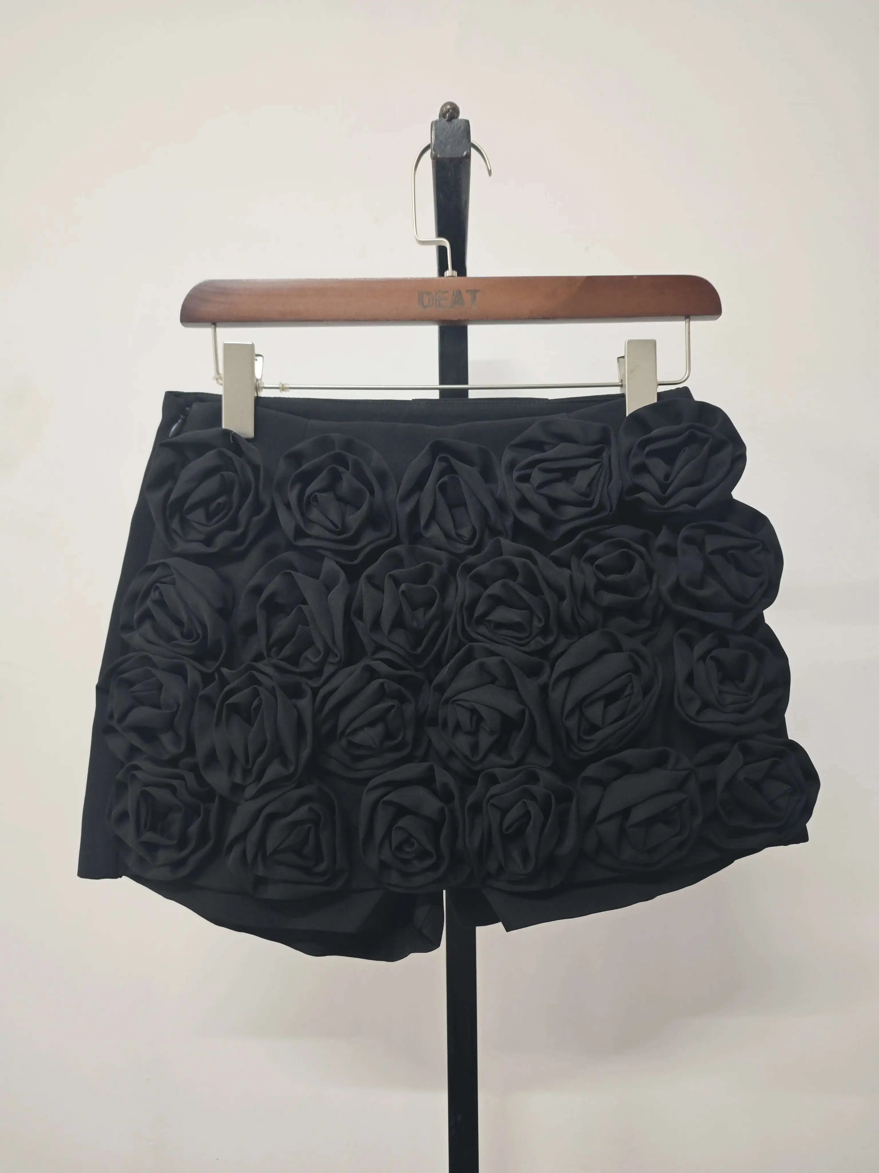 DEAT Women's Skirts 3D Rose Pink Red Black Flowers Slim High