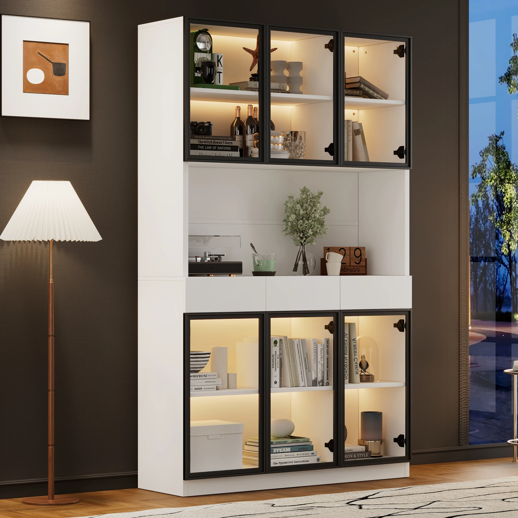 Glastürenschrank, 200 cm hoch, weißer Vitrinenschrank mit LED-Beleuchtung, Mehrzweck-Bücherregal für Sammlungen, Schlafzimmer – Detail 24