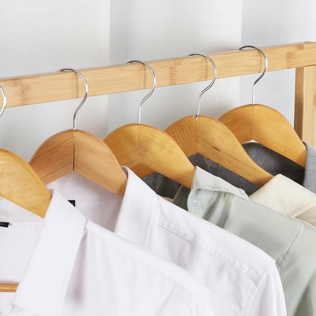Rolling Clothes Hanging Rack with Double-Rod Wooden Garment Stand with Wheels - 4