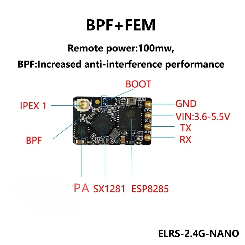 Récepteur ELRS 2.4GHz NANO ExpressLRS pour drone FPV RC, vue de côté montrant l'épaisseur