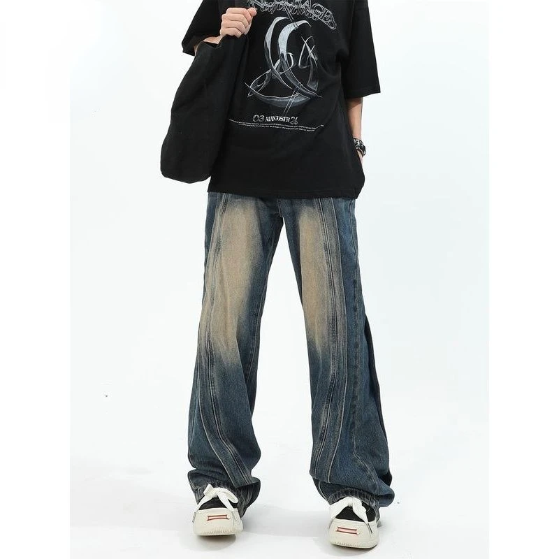 

Men's Vintage Patchwork Jeans American Style Wide Leg Denim Trousers High Street Loose Straight Hip Hop Men Asthetic Pants A26