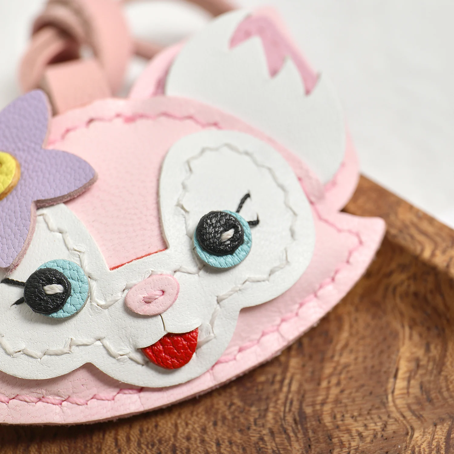 Decorative pink fox leather bag charm styling view