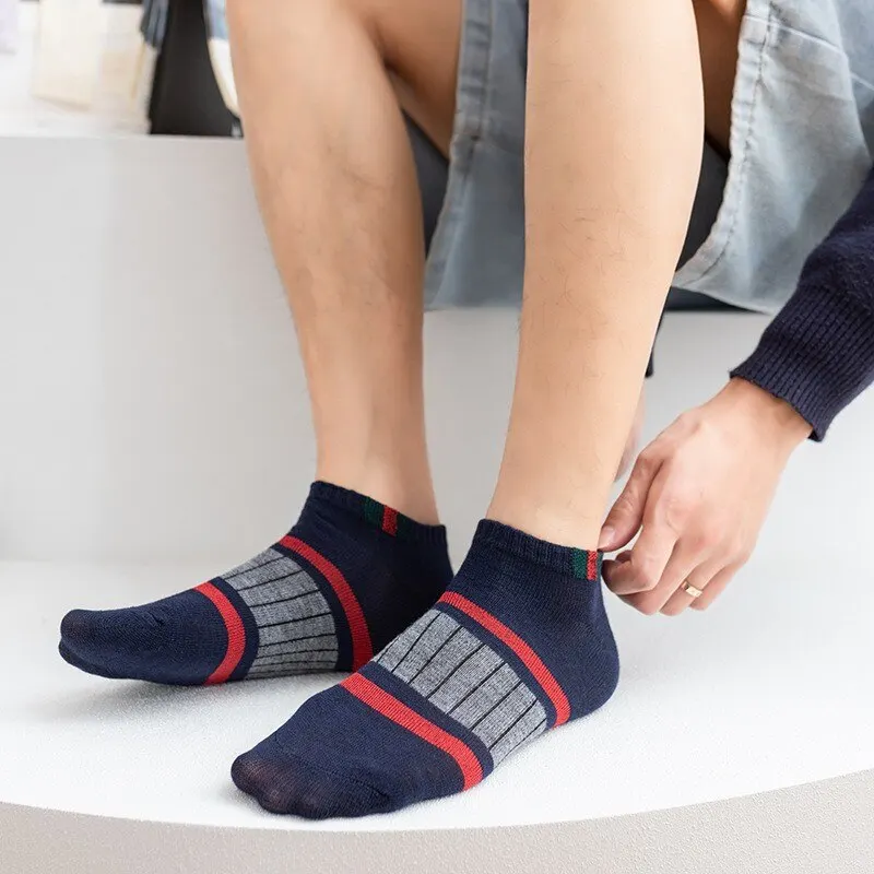 Boat socks 5 pairs mens casual simple sweat absorbing breathable vertical bar parallel bars movement tube