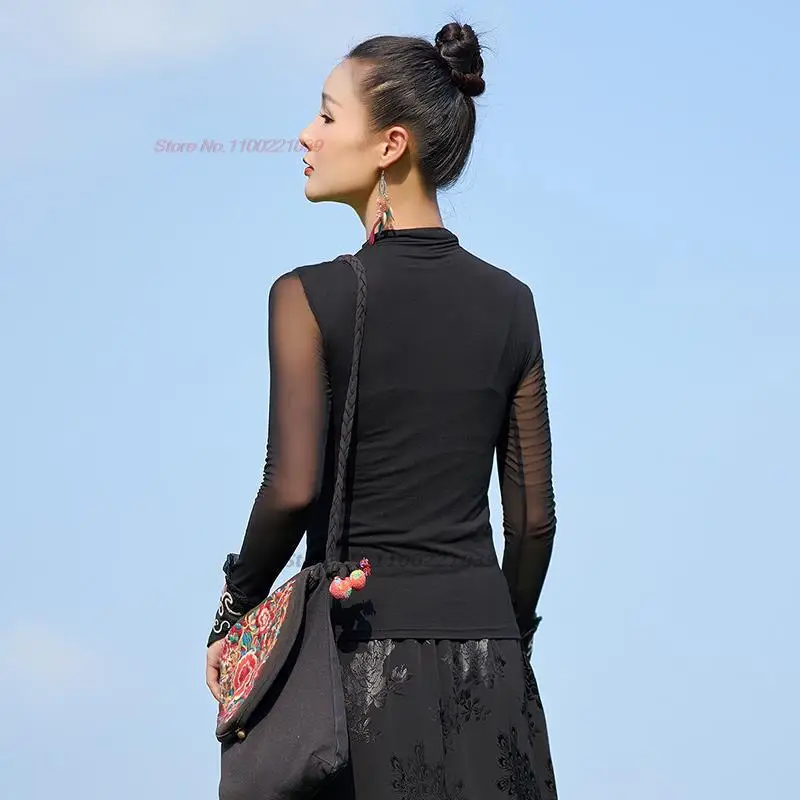 chinese improved mesh shirt national flower embroidery stand collar shirt vintage hanfu tops oriental tang suit base