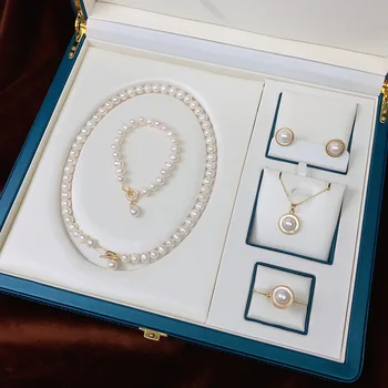 One Set  freshwater pearl white pink near round shell cirque clasp 8-9mm necklace bracelet earring ring pendant