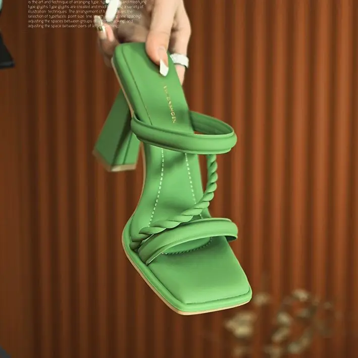 Fashionable One-piece Slippers for Women in Summer, Square Heel High Heels, 2025 New Square Toe Style Cool Slippers