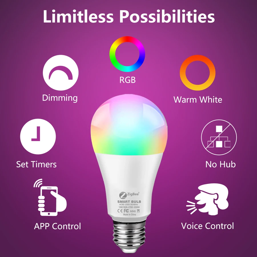 Zigbee 3.0 Smart LED Bulbs Light E27 18W 15W 12W RGB+WW+CW Dimmable Voice APP Control For Bedroom Living Room Decoration smart led light bulbs