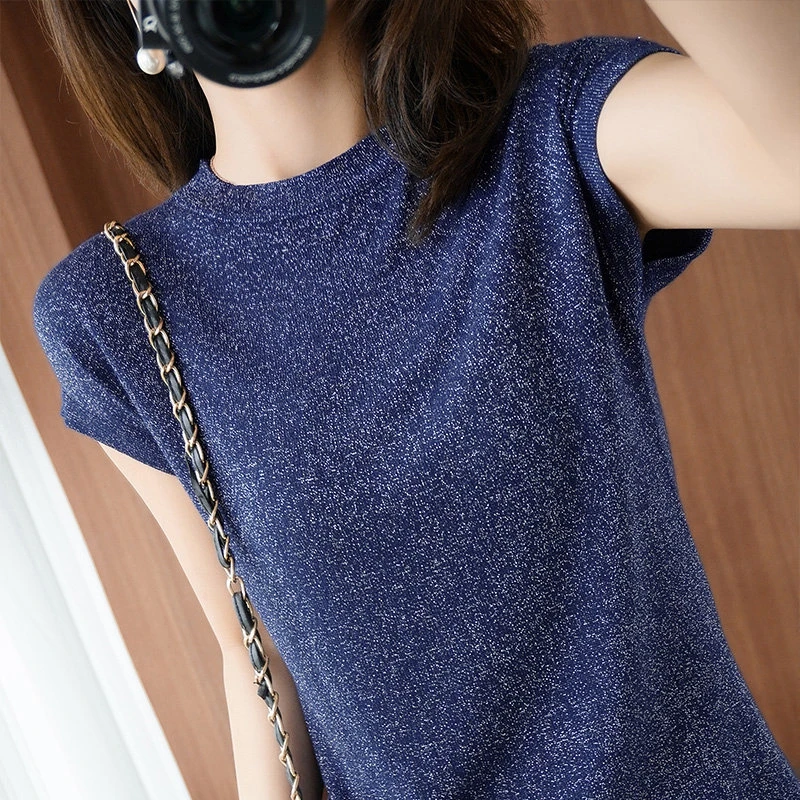 

New Summer T Shirt Women Bling Knitted Loose Short Sleeves Top O-Neck Shiny T Shirt Slim Kintwear Female Elastics Fashion A55