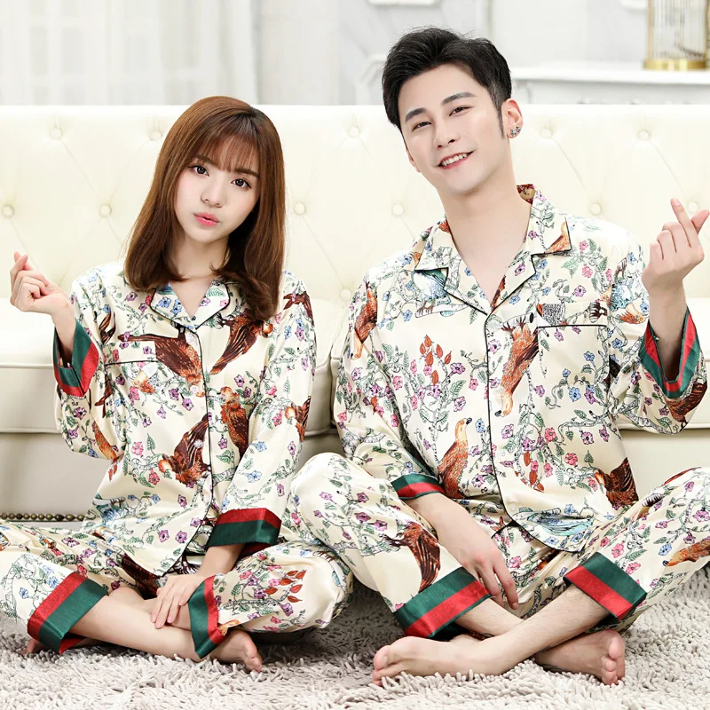 Couple Pajamas Long Sleeved Silk Sleepwear Set Silk Pajamas for Women Sleep Tops Women Pajamas Set Pijamas Mens Designer Pajamas mens silk pajamas Pajama Sets