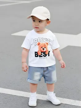 Two piece set of cute letter small bear printed khaki short sleeved round neck T-shirt and blue denim shorts for baby boys 1