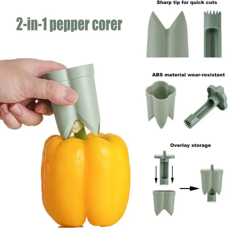 2-In-1 Fruit Pepper Corer Vegetable Seed Remover Green Pepper Chilli Tomato Cutter Core Slicer Fruit Peeler