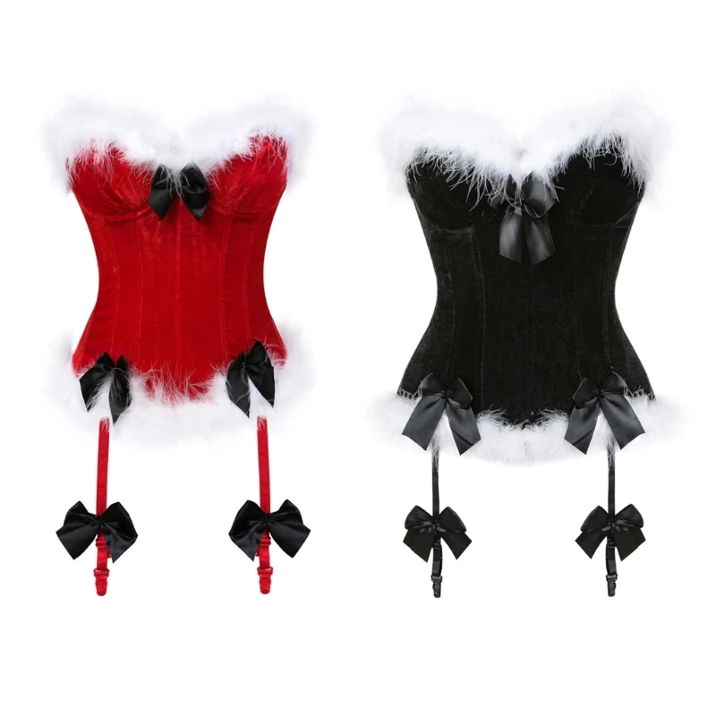 

Sexy Christmas Santa Costume Bustier Corset Top Feathers Trimming Corset Bowknot Bustier Strapless Vest