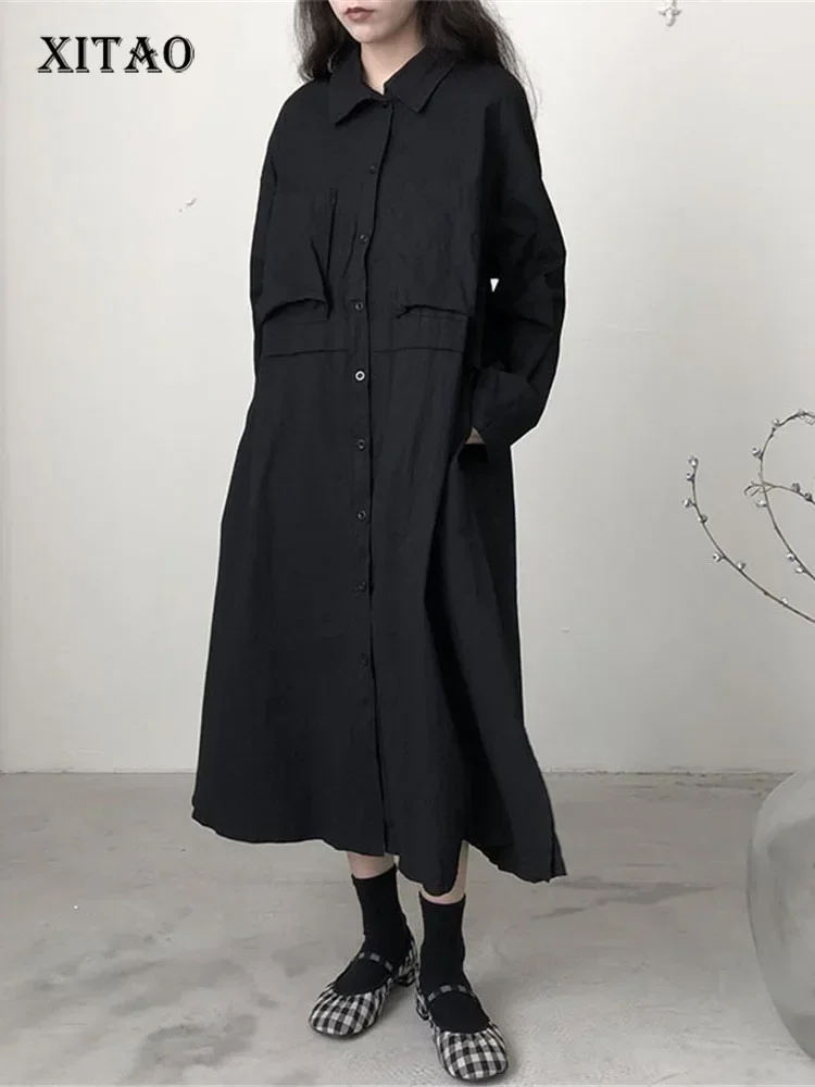 

Черное Модное Новое Женское платье XITAO с одним нагрудным карманом и длинным рукавом, повседневное свободное платье богини, модель WMD2558