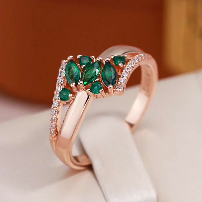 Kinel Luxury Green Natural Zircon Ring For Women 585 Rose Gold Color White Stone Daily Easy Matching Fine Jewelry Gift
