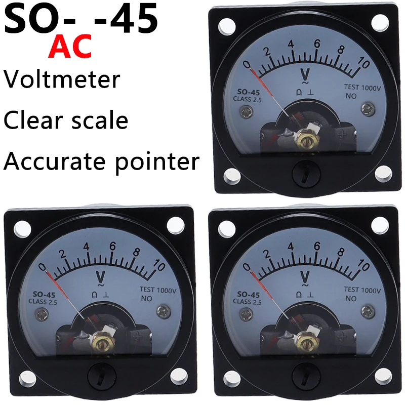 new Voltmeter SO-45 AC 1V 2V 5V 10V 15V 20V 50V 100V 150V 200V  300V 500V  Round Analog Dial Panel Meter Voltmeter Gauge Black