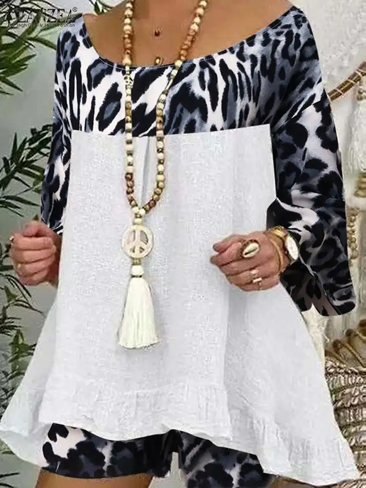 

Женский богемный костюм ZANZEA с блузкой с рукавами 3/4 и оборками, Короткие городские спортивные костюмы, модный пляжный костюм с леопардовым принтом