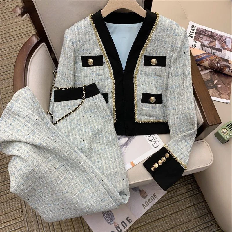 

Korean High Quality 2 Piece Set Women Crop Top Short Jacket Coat + Long Pants Sets High Quality Fall Winter Two Piece Suits
