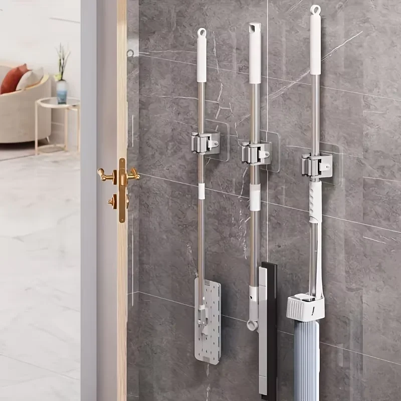 Self-adhesive Multi Purpose Hook Mop Rack Wall Mounted Mop Storage Device Broom Hook Bathroom Waterproof Wall