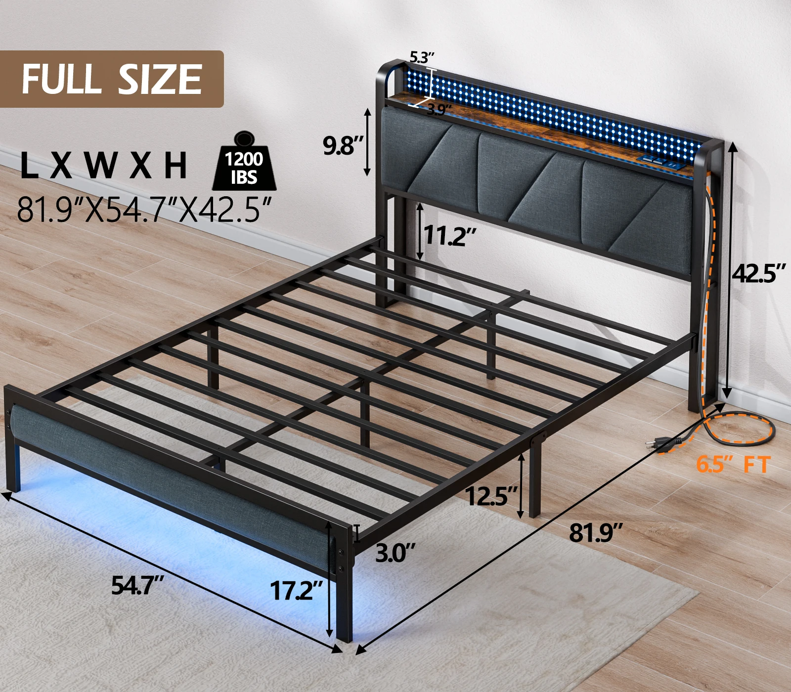 Full/Queen Bed Frame with Charging Station and LED Lights,USB Charging Station Headboard Upholstered Queen Size Metal bedstead 4