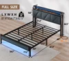 Full/Queen Bed Frame with Charging Station and LED Lights,USB Charging Station Headboard Upholstered Queen Size Metal bedstead 4