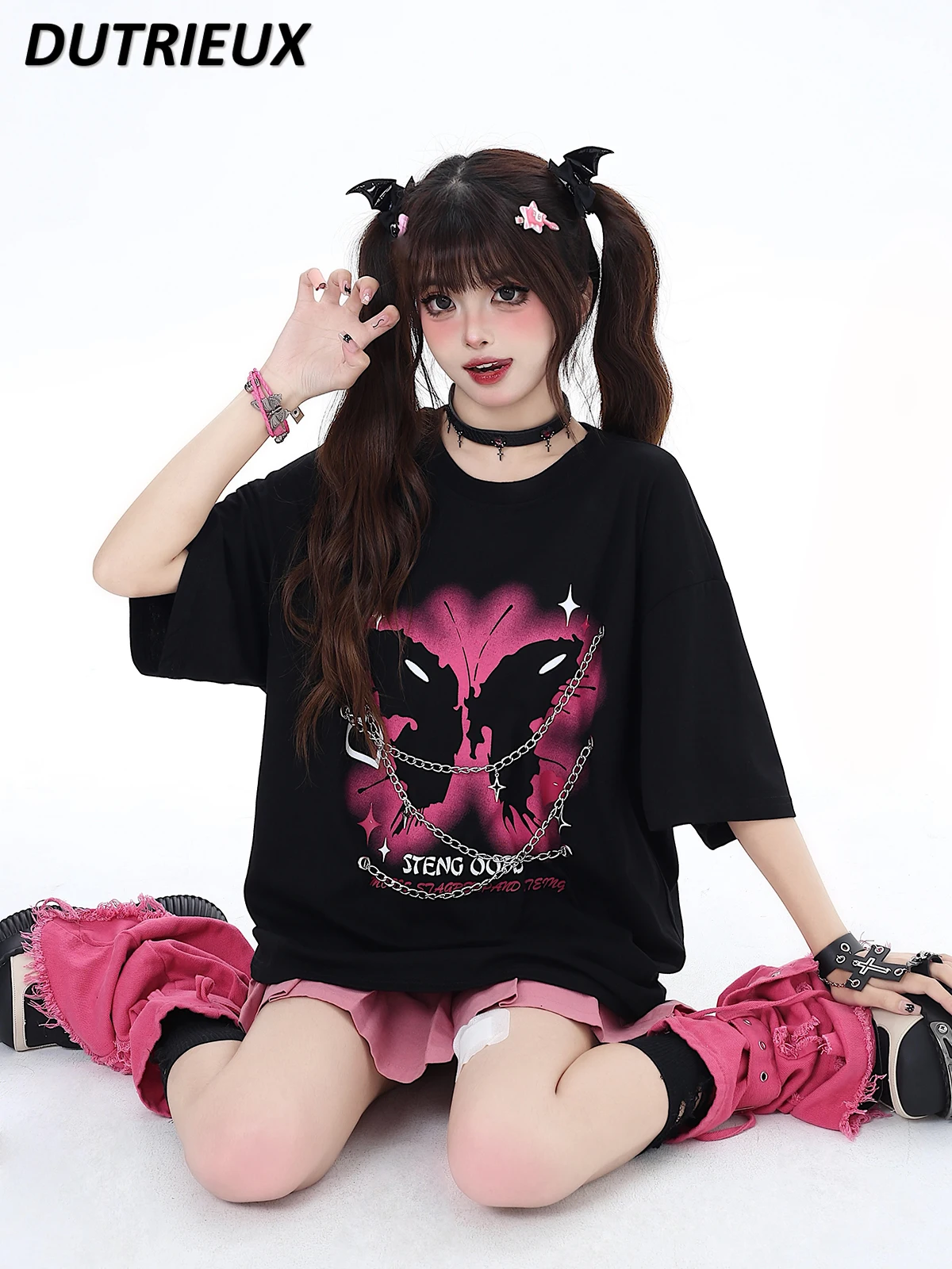 

Punk Rock Style Butterfly Print Metal Chain Sweet Short Sleeve Top Niche Design American Round Neck T-shirt for Women Summer