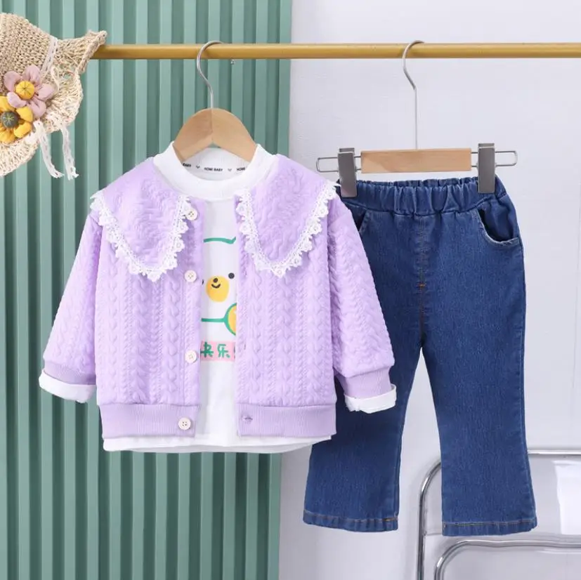

Toddler Baby Girl Clothes 2023 Spring Autumn Set for Kids Cartoon Turn-down Collar Zipper Jacket Shirts Pants 3Pcs Girls Outfits