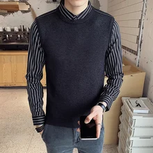 

Autumn and Winter New Korean Slim Handsome Lapel False Two Owners Wind Sweater Sweater Jacket Business Casual Stripe Men's Wear