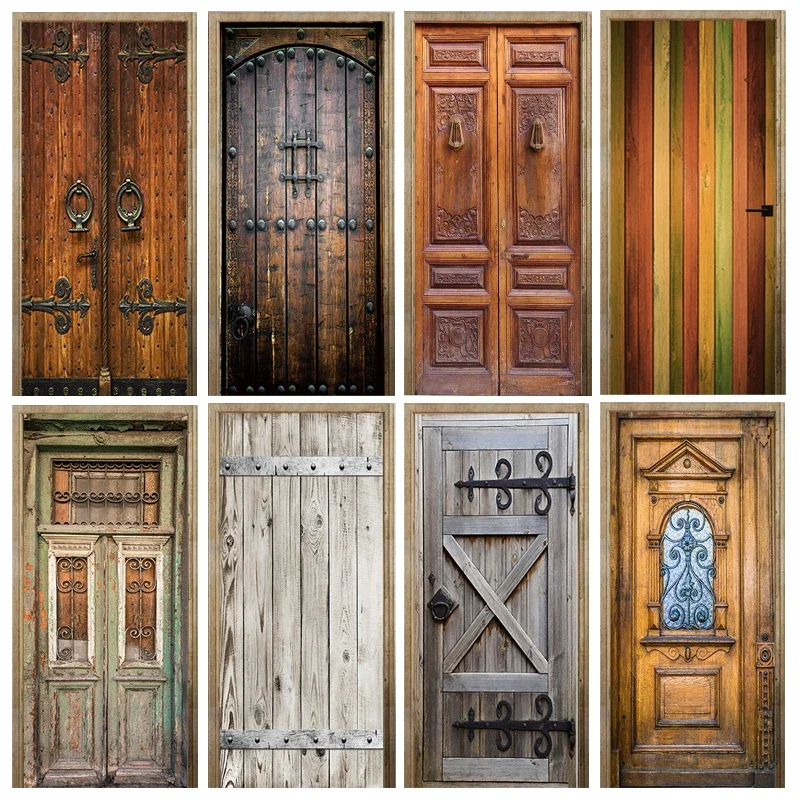 Self Adhesive Retro 3D Door Stickers Waterproof Wood Grain Vinyl PVC Door Poster Art Mural for Bedroom Wallpaper Home Decor door wallpaper stickers