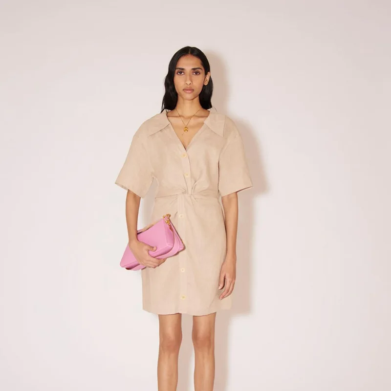 

European and American Niche Casual Commuter V-neck Short Sleeve Twist Knot Waist Short Dress Spring and Summer
