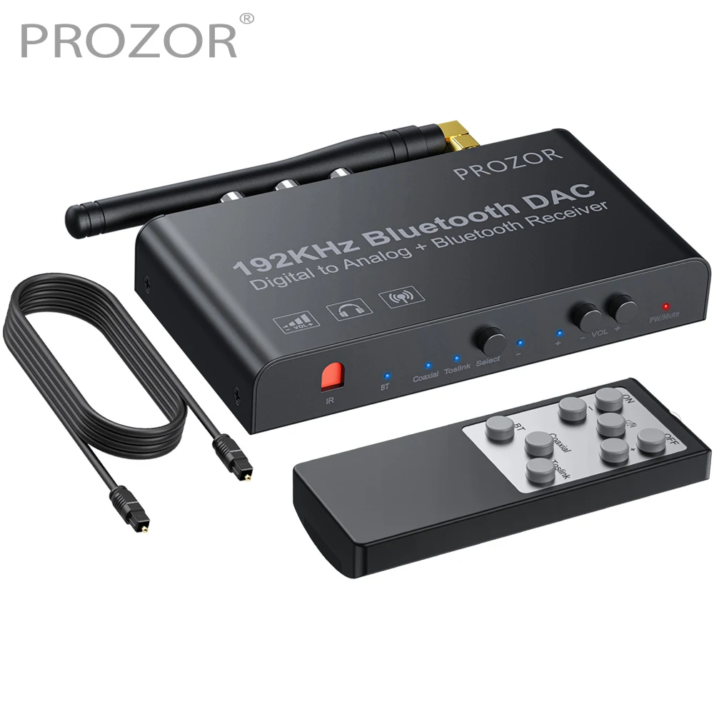 Audio Converter PROZOR 192kHz Digital to Analog Converter Remote Bluetooth-Compatible DAC Digital Coaxial Toslink to Analog Stereo L/R RCA