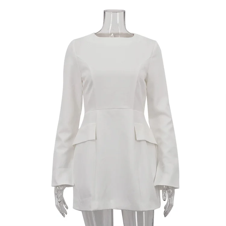 Female Elegant White Dress Sexy Patchwork Long Sleeve Commute Casual Clothes Dress For Women Zipper Autumn Mini Dress New