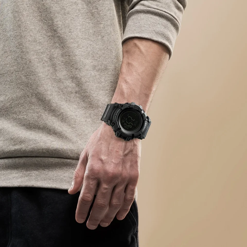 Orologio Sportivo Digitale Uomo 50m Impermeabile – Bussola, Altimetro, Barometro, Termometro, Cronometro, Contapassi – Militare, Outdoor, Nero